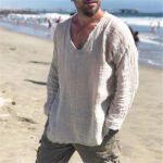 European and American cross-border new men's solid color round neck frayed loose casual shirt - Image 4