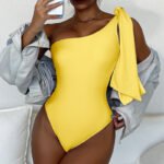 2023 swimsuit new sexy solid color tie tight bikini slim conservative one-piece swimsuit female swimsuit - Image 6