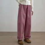 Japanese retro brushed tooling wide-leg pants women's 2023 autumn and winter new straight elastic waist loose casual long pants - Image 4