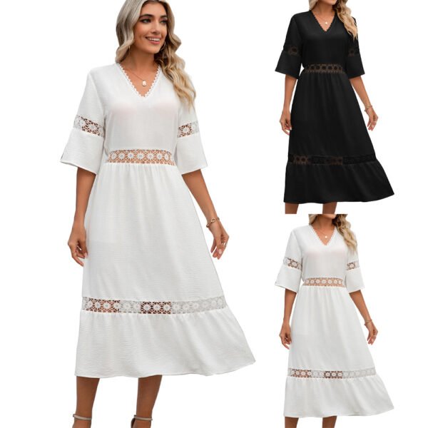 Solid V-neck hollowed out lace patchwork medium sleeved loose fitting dress