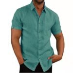 Foreign Trade Cross-border Amazon Hot Sale Summer Lapel Solid Color Short Sleeve Button Men's Linen Shirt - Image 2