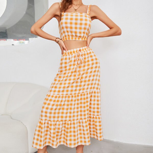 Designer Women's European Station Amazon Plaid Suit Skirt 2022 Summer Sling Small Shirt Top Women