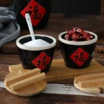 Chinese creative seasoning bottle commercial kitchen ceramic blessing jar with spoon small seasoning box salt chili blessing jar sauce salt jar