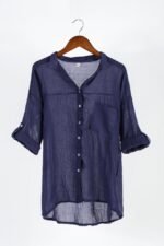 2023 summer new sun protection clothing Japanese style small fresh loose cotton and linen three-quarter sleeve stand collar shirt female linen shirt - Image 7