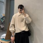 Spring and Autumn New Waffle Lapel Sweatshirt Men's American High Street Loose Top Fashion Texture Pattern Pullover Polo Shirt