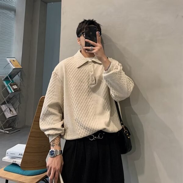 Spring and Autumn New Waffle Lapel Sweatshirt Men's American High Street Loose Top Fashion Texture Pattern Pullover Polo Shirt