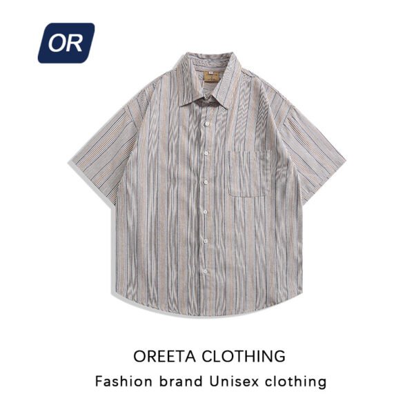 OREETA men's clothing?2022 summer Japanese fresh color matching striped lapel loose five-point sleeve shirt short-sleeved men