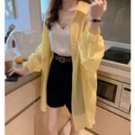 2022 summer new Korean version of the commuter striped sun protection clothing mid-length cardigan loose all-match lapel shirt women - Image 2