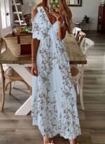 309#2022 European and American cross-border women's summer new lace short-sleeved printed long bohemian dress - Image 3