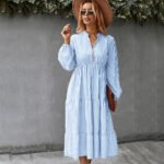 American station Amazon AliExpress temperament elegant striped dress 2022 new large swing skirt long skirt women - Image 3