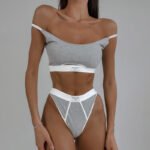 2023 Contrasting Color Stitching Letter Cloth Label Personalized Split U-Neck Adjustable Shoulder Strap Briefs Bra Two-piece Set - Image 4