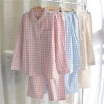 Cotton pajamas women's spring and summer double-layer cotton yarn long-sleeved Japanese style simple loose plaid home service thin trousers suit - Image 2