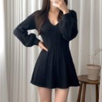 Chic temperament twist knitting dress women 2022 autumn and winter new lantern mid-length waist V-neck sweater women - Image 3