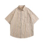 OREETA men's clothing?2022 summer Japanese fresh color matching striped lapel loose five-point sleeve shirt short-sleeved men - Image 5