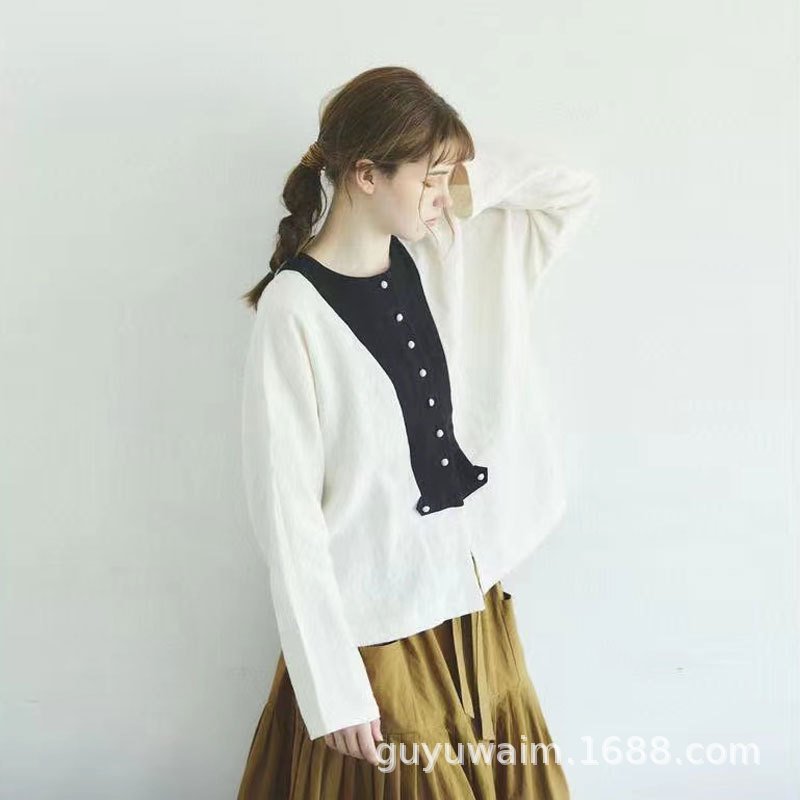 O1CN01y8cinS1yq8GizRsI6_2022476629-0-cib-1.jpg Japanese high-end splicing design sense niche cotton and linen long-sleeved shirt women's fresh and sweet raglan sleeve cardigan top - Image 1