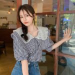 Chic French puff sleeve short-sleeved shirt female all-match summer small plaid design doll collar shirt - Image 3
