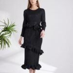 2023 spring and autumn Miyake long-sleeved lace-up dress with ruffles