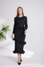 2023 spring and autumn Miyake long-sleeved lace-up dress with ruffles