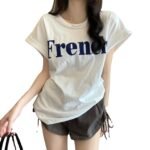 Cotton 2023 letter printed T-shirt women's summer new women's clothing tee loose Korean curling mid-length round neck top - Image 5