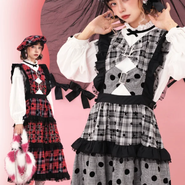 Vintage loose plaid fluffy dress（Wear both front and back）