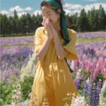 Yin M's material is super good summer pure cotton round neck trumpet sleeve waist A pendulum art female dress female cut label
