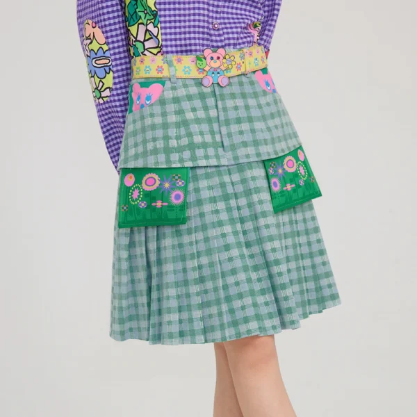 Plaid denim pocket print college pleated skirt
