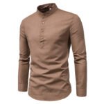2022 cross-border foreign trade shirt men's fashion slim solid color long-sleeved business stand-up collar cotton and linen half-open men's shirt - Image 3