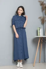 Small fresh tie pure cotton retro elastic waist dress - Image 2