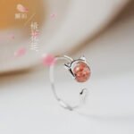 Ji Yi'an Jian 925 Silver Cute and Exquisite Cat Strawberry Crystal Open Ring Japanese Sweet Style Niche Design Simple Crystal Ring for Girlfriend Birthday Gift Valentine's Day Gift