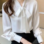 Pincai autumn fashion Korean professional shirt femininity long-sleeved streamer bow chiffon top PW17CS178 - Image 5