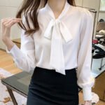 Pincai autumn fashion Korean professional shirt femininity long-sleeved streamer bow chiffon top PW17CS178 - Image 4