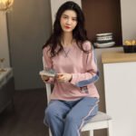 Nanjiren Pajamas Women's Autumn and Winter Solid Color Cotton Ladies Homewear Large Size Loose Long-sleeved Pajamas Spring and Autumn Sports Suit XL - Image 4